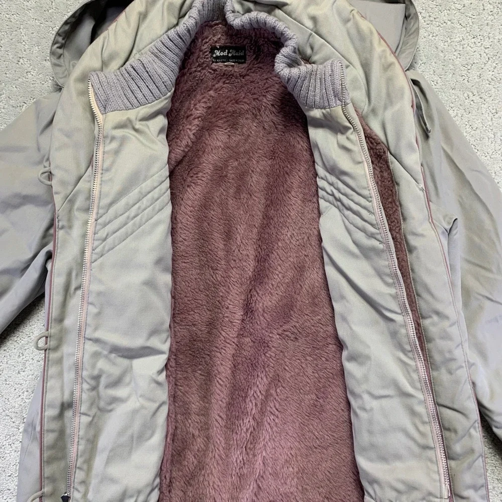 Vintage Mod Maid Womens Jacket Medium Gray Lined Hooded Zip Up Parka Winter Coat